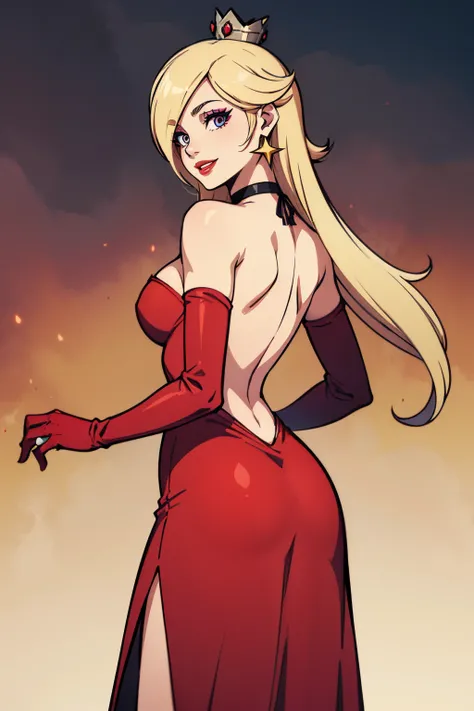 rosalina, crown, red dress, long dress, strapless dress, backless dress, long white elbow gloves, smile, light red lipstick, dark purple eye shadow, makeup, black choker, cowboy shot