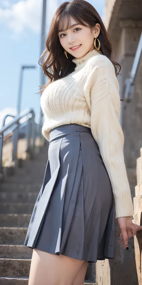 Female, 20 years old, medium black wavy hair、bangss、Puffy nipple、Turtleneck knitwear、Blue long skirt, Medium milk, cute smile face、(Poses that emphasize the buttocks、turned around)、sexy hips、Black High Heels、Big necklace、(((Skirt flipping in the wind、I can...