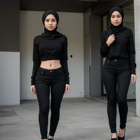 Hijab malay standing full body tight black jeans