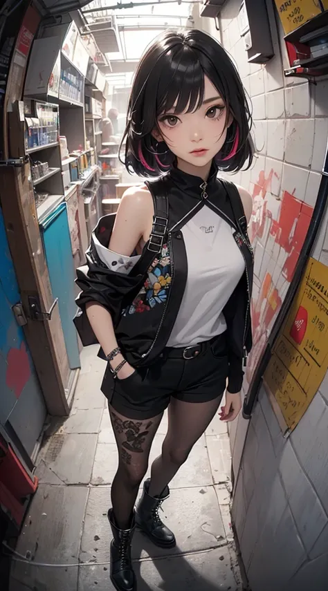 (((8k wallpaper of extremely detailed CG unit:1.2, ​masterpiece, hight resolution:1.2, top-quality:1.2, masutepiece))), ((a very beautiful woman, Hands in pockets:1.8, Grunge Fashion:1.2, wear a blouson:1.2, Wearing hot pants, wearing tights and boots)), (...