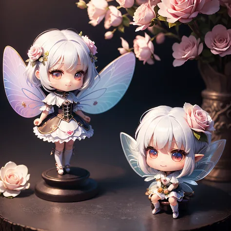 ​masterpiece、top-quality、ultra-detailliert、(Chibi Chara Fairy:1.2)、Heart motif、Inome、white  hair、Open your mouth and smile、Standing、sit on a rose flower