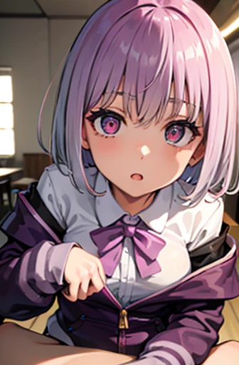 akaneshinjou, shinjou akane, light purple hair, (pink eyes:1.2), short hair,
BREAK black pantyhose, bow, collared shirt, hood, hooded jacket, jacket, open clothes, open jacket, open shirt, pantyhose, purple bow, purple jacket, school uniform, shirt, sleeve...