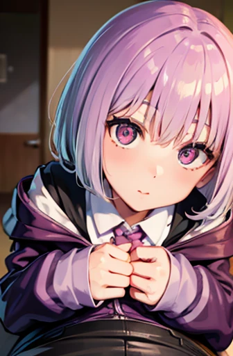 akaneshinjou, shinjou akane, light purple hair, (pink eyes:1.2), short hair,
BREAK black pantyhose, bow, collared shirt, hood, hooded jacket, jacket, open clothes, open jacket, open shirt, pantyhose, purple bow, purple jacket, school uniform, shirt, sleeve...