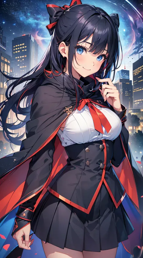 top-quality、Top image quality、​masterpiece、girl with((sixteen years old、teen ager、cute little、Best Bust、big bast,Beautiful blue eyes、Breasts wide open, Dark hair、red hairs、Longhaire、A slender,Large valleys、,black and school uniform、A smile、floating state、b...