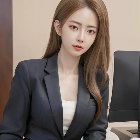 There was a woman in a suit sitting at her desk，Hold the computer, smooth anime cg art, realism art style, digital art of an elegant, render of april, realistic anime 3D style, girl in a suit, Digital anime illustration, realistic art style, photorealistic...