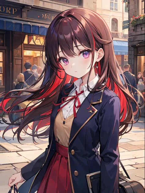 high-level image quality、Brown longhair、Navy Blazer School Uniform, Red Ribbon, Reddish-purple eyes、Bustling city center in medieval Europe、National costumes of medieval Europe, Vibrant colors、Bust-up shot, Delicate drawing、