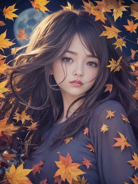 (((RAW image quality:1.4)))、8K分辨率、Autumn leaves at night🍁、Moonlight、the blue moon、25 year old beautiful woman、Detailed beautiful eyes、Beautiful beautiful medium hair、Clear skin、Dress appearance、Susukihata、depth of fields、masutepiece、absurderes、24K Graphic ...