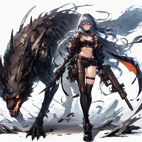 (masutepiece, Best Quality), (Perfect athlete body:1.2), (detailed hairs), Ultra-detailed, Anime style, Full body, Solo, cyberpunk female shaman, Brown skin, Highly revealing outfits, blue-silver hair and amber eyes, Accompanied by an evil shadow demon in ...