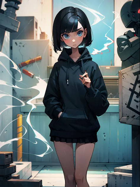 A woman with short black bob hair is smoking a cigarette listlessly、Hoodies and miniskirts、skinny thigh、Concrete room