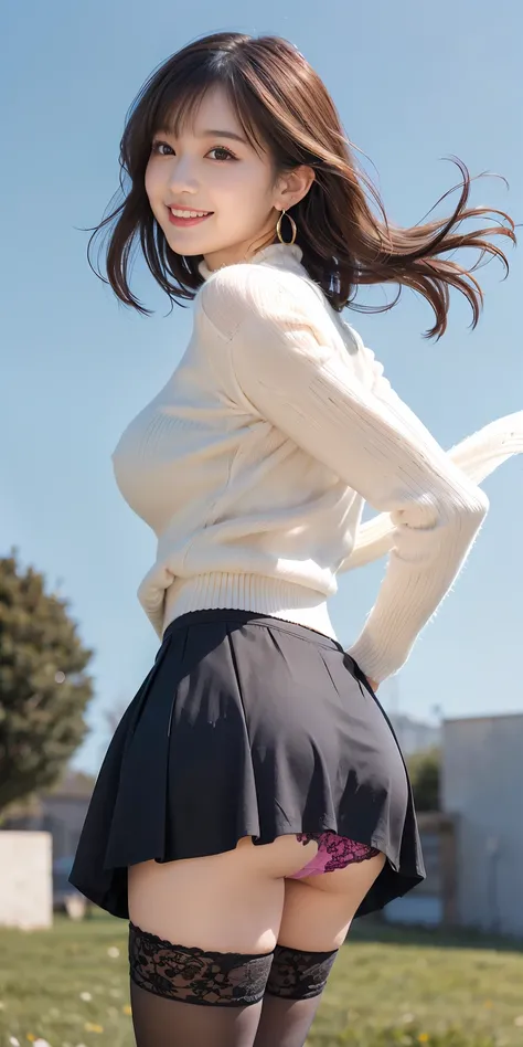 Female, 20 years old, short black wavy hair、bangss、Puffy nipple、White Turtleneck Knit、Black long skirt, Black stockings、Medium milk, cute smile face、(Poses that emphasize the buttocks、turned around)、sexy hips、Black High Heels、Big necklace、(((Skirt flipping...