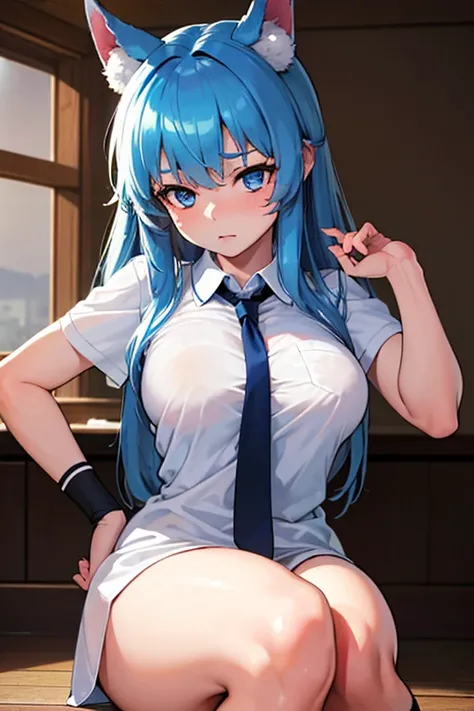 ultra-detailliert, hight resolution, (Realistic, Photorealistic: 1.4), 8K, Raw photo, (masutepiece), (Best Quality), physically-based renderingt, Female college student, long blue hair, _white_Shirt、Burnt skin、brownish colors、Loose Socks、Panchira, cat ears...