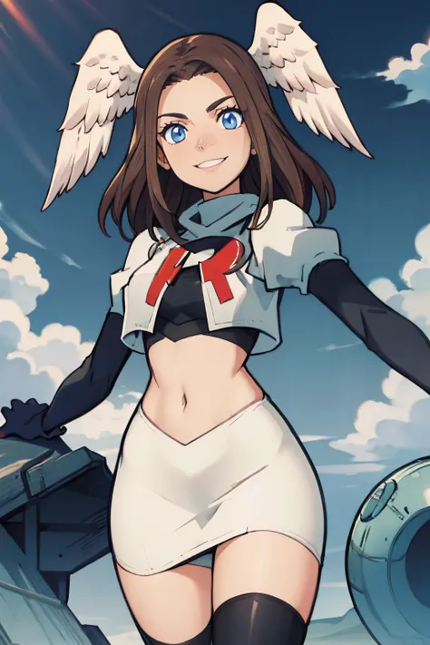 eunie, head wings ,team rocket uniform, red letter R, white skirt,white crop top,black thigh-highs,black elbow gloves, smile, blue eyes, cowboy shot