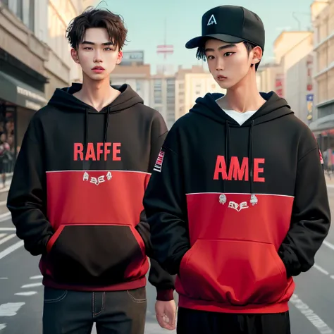 Boy wear hoodie black red with popup name "RAF GAME"