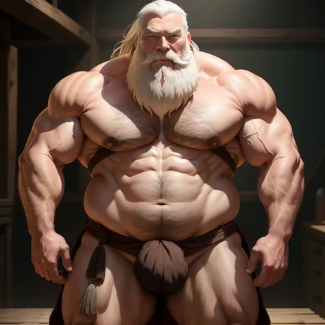 giant old man、well-muscled、Western style、White beard、full bodyesbian、A boy at my feet、Upper body naked、Fluffy loincloth