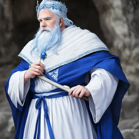 (masutepiece, Highest Quality, Top resolution, Distinct_image, Detailed details): blue cloak and white robe、pale blue hair wearing a crown、beard、An old man with a sharp face、So muscular that you can see it through his clothes、solid body、large shoulders wid...