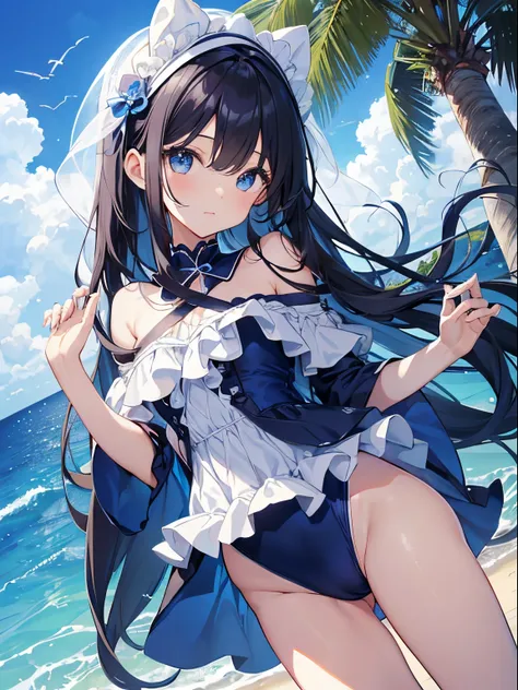 ((2D Beautiful Girl：1.1、top-quality：1.1、perfect fingers:1.1、perfect anatomia:1.1、Perfect outfit、face perfect：1.1、Beautiful illustration))、cute petit girl、(transform sequence)、((cute decorative headband、Pretty frilly white and blue swimsuit))、10yaers old、So...