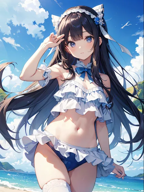 ((2D Beautiful Girl：1.1、top-quality：1.1、perfect fingers:1.1、perfect anatomia:1.1、Perfect outfit、face perfect：1.1、Beautiful illustration))、cute petit girl、(transform sequence)、((cute decorative headband、Pretty frilly white and blue swimsuit))、10yaers old、So...