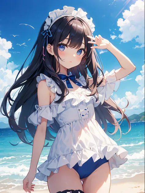 ((2D Beautiful Girl：1.1、top-quality：1.1、perfect fingers:1.1、perfect anatomia:1.1、Perfect outfit、face perfect：1.1、Beautiful illustration))、cute petit girl、(transform sequence)、((cute decorative headband、Pretty frilly white and blue swimsuit))、10yaers old、So...