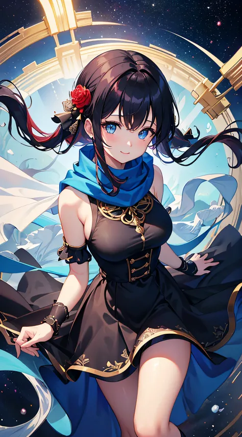 top-quality、Top image quality、​masterpiece、girl with((sixteen years old、teen ager、cute little、Best Bust、big bast,Beautiful blue eyes、Breasts wide open, Dark hair、red hairs、Longhaire、A slender,Large valleys、,black floral dress、a smile、blue scarf、Black wrist...