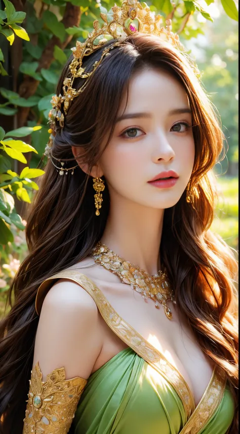 (best quality,4k,8k,highres,masterpiece:1.2),ultra-detailed,(realistic,photorealistic,photo-realistic:1.37), vibrant colors,soft lighting,graceful,holy and powerful presence,breathtaking beauty,wearing a flowing gown and a golden crown,long flowing hair,go...