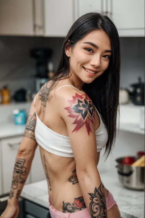 1girl, upper body, close-up,  looking at viewer, smile, standing, depth of field, tattoo, kitchen, cooking