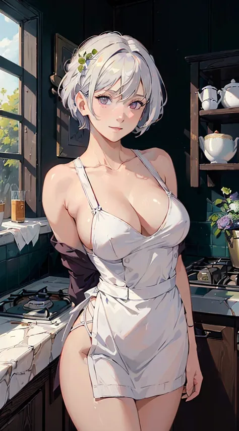 ((((masterpiece, best quality, high resolution)))), 1girl, white hair, purple eyes, bob cut, wavy hair, average breasts, blush, light smile, parted lips, glow, thighs, bare shoulders, collarbone, narrow waist, cleavage, (masterpiece), (beautiful detailed f...