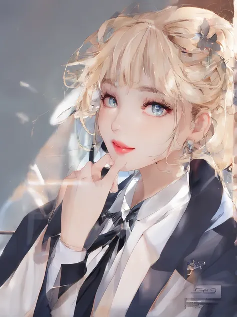 (Best quality at best,4K,8K,A high resolution,tmasterpiece:1.2),ultra - detailed,(actual,realisticlying,Photorealistic:1.37),美丽细致的眼睛,beautiful detailed lips,Extremely detailed eyes and face,Blonde girl with bow tie,vague background,gentlesoftlighting,sport...