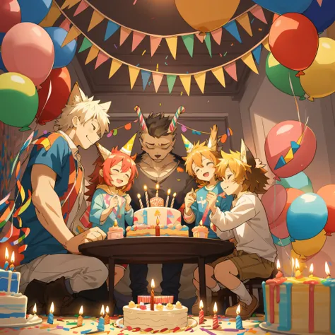 cover page, anime key visual, highres, top quality, best quality, paid reward available, High-quality illustrations, unparalleled masterpiece, perfect artwork, absurdres(A family at a birthday party, child blowing out candles on a birthday cake)(room decor...