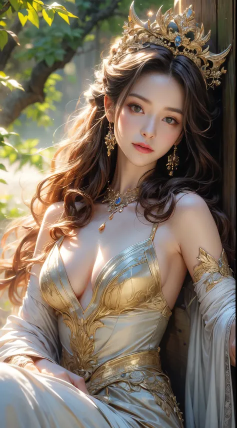 （best qualtiy，4K，8K，A high resolution，tmasterpiece：1.2），hyper-detailing，（realisticlying，realisticlying，realisticlying：1.37），vivd colour，gentlesoftlighting，ellegance，holy and powerful presence，breath taking beauty，Wearing a flowing gown and golden crown，lon...