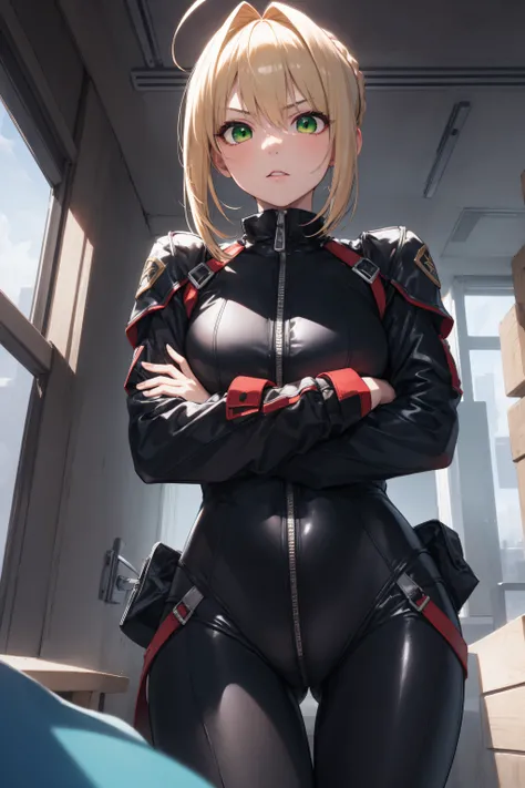 1girl,fgonero, nero, ahoge, blonde hair, (green eyes:1.5), hair between eyes,hair intakes,
BREAK bodysuit, diving suit, long sleeves, swimsuit, wetsuit, zipper,
BREAK looking at viewer,standing ,(from below:1.2),(crossed arms:1.2),angry,
BREAK indoors, cla...