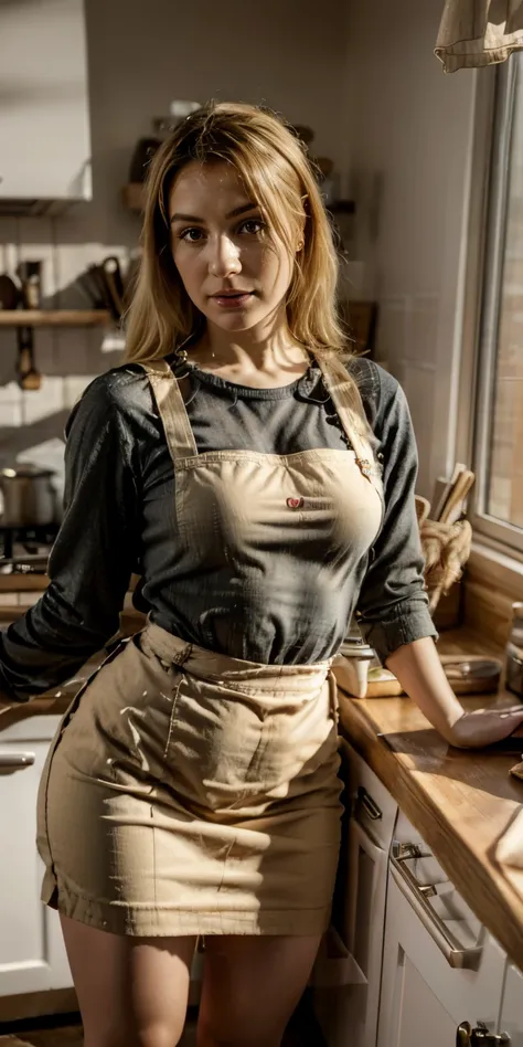 Photorealistic, high resolution, Soft light,1womanl, Solo, Hips up, (Detailed face),A woman with various tattoos and hair standing in her kitchen, Her apron is the only dress, Blonde hair