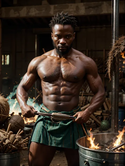 realistic photo, front view, cinematic light, extremely strong black African warrior, bald, in a blue kilt tied with shredded green coconut straws, working in a metal forge, behind a red-hot forge with sparks of fire jumping, fine details, extreme realism,...