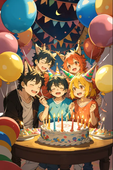 cover page, anime key visual, highres, top quality, best quality, paid reward available, High-quality illustrations, unparalleled masterpiece, perfect artwork, absurdres(A family at a birthday party, child blowing out candles on a birthday cake)(room decor...