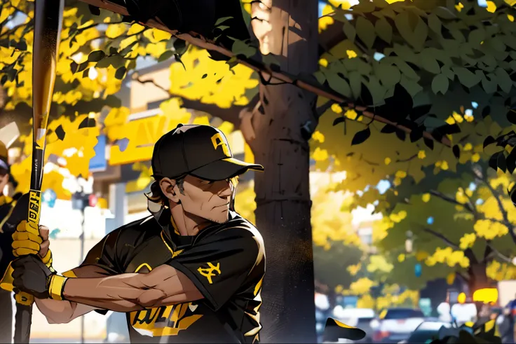 Baseball，Yellow letters on black uniform，Yellow QB logo on black hat，middle aged man，Dark hair