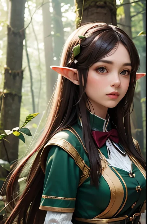 a woman elf in a forest dressed in a forest range attire with arrows and a bow, on a tree, perfect body , perfect face, hd