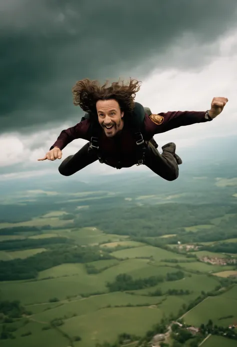 A photo of Sirius skydiving from a plane, looking exhilarated and reckless,Harry Potter and the Prisoner of Azkaban,Sirius Black is tall, with shaggy curly brown hair, has a goatee. Has tattoos over his body. Famously portrayed by Gary Oldman