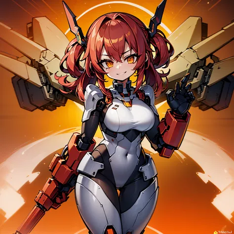 1girl, red hair, medium hair, yellow eyes, smiling, robot girl, mecha girl, red metal armor, iron wings, robot floating, fire we...