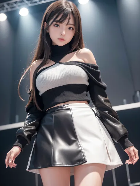 ((masterpiece)), ((best quality)), (ultra-detailed), ((kawaii)), cute, (lovely), ((extremely detailed)), 4K, (8K), best quality, (beautiful), realistic, real, dynamic angle0, front view,a Japanese young pretty girl , Inside the concert hall, a big smile in...