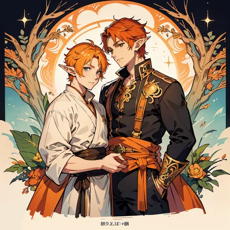 beautiful elf man、pointed ears、orange hair、a handsome、anime illustrated、art nouveau