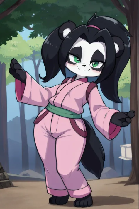 (LiLiStormstout:0.8), green eyes, black and white fur, anthro panda girl, pinup, happy, smile, pink kimono, pink pants, feets whit three toes, flip flops, standing, athletic, small breasts, tavern, full body, detailed face, detailed eyes, detailed body fur...