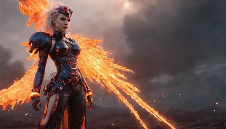 Cosmic cyberpunk fallen angel woman wearing neon mecha revealing armor, The glowing eyes of the flaming sword, Biomechanicals, eerie, crawling, nightmarish, Very bright neon color, Light particles, Glowing light, , mushroom cloud, Photo of the Year Winner,...