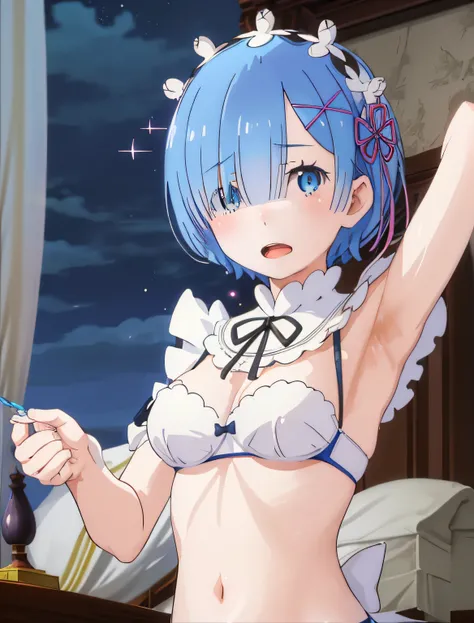 best quality, masterpiece, phRem, 1girl, blue hair, solo, maid, roswaal mansion, looking at viewer, open mouth, anime coloring, maid headdress, upper body, light particles, high contrast, colorful, night, house, bed, armpits, bikini, breasts, belly, wet ar...