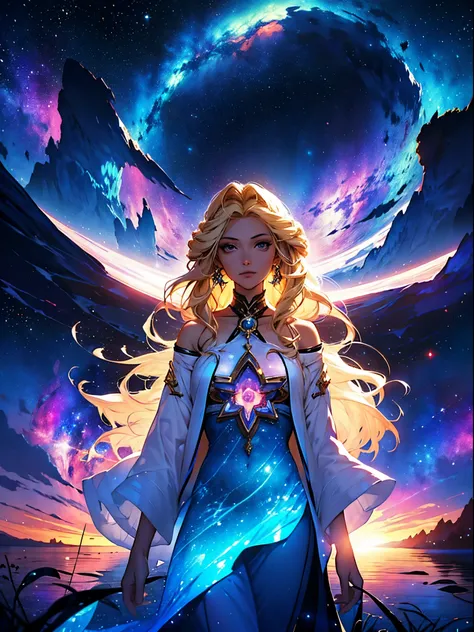 A woman with long hair and a flowing dress stands in the darkness, Blonde girl in cosmic dress, Amazing young ethereal figure, cosmic goddess, Astral appearance, galaxy goddess, Space Girl, Astral Fairy, Divine cosmic feminine power, Cosmic hair anime girl...