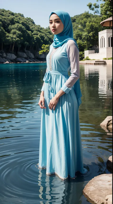 RAW, Best quality, high resolution, masterpiece: 1.3), beautiful Malay woman in hijab (iu:0.8)masterpiece, best quality, ultra high res, 1girl in hijap,blue themesky, water,standing on water, white dress