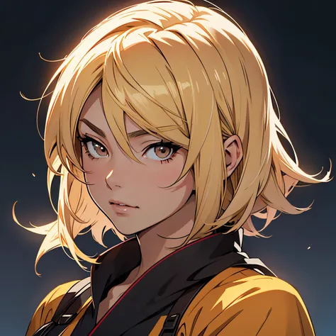 anime image of an adult woman with blonde hair and dark brown eyes, short hair, silky smooth hair, 1woman, solo woman, anime beautiful woman, female anime character, head shot, close up shot, simple background, ninja clothing, japanese clothing, dark cloth...