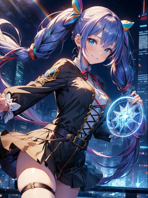 Magic Circle(1.6),sorcerer,magician、cyberpunked：Futuristic cityscape on night background with bright lights and bright moonlight、(masutepiece:1.3), (8K, Photorealistic, Raw photo, Best Quality: 1.4), Beautiful face, (Realistic face), Beautiful detailed eye...