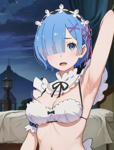 best quality, masterpiece, phRem, 1girl, blue hair, solo, maid, roswaal mansion, looking at viewer, open mouth, anime coloring, maid headdress, upper body, high contrast, colorful, night, house, bed, armpits, bikini, breasts, belly, wet armpits, big breast...