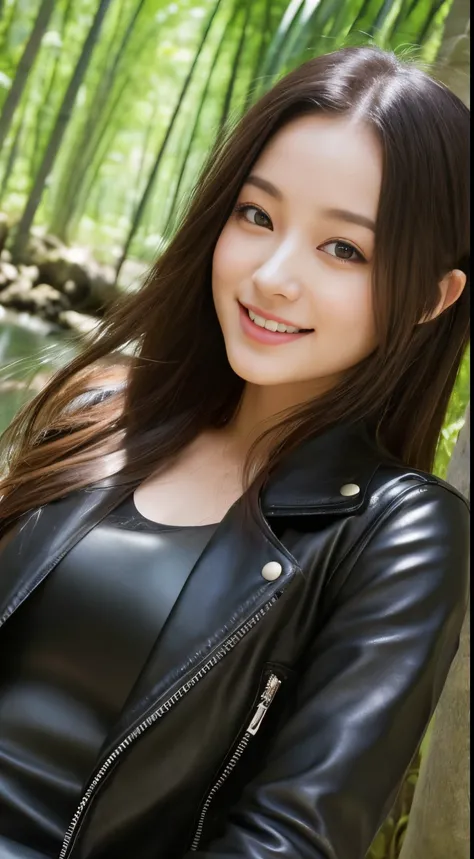 On a quiet spring afternoon，Figure 1 is from the highest quality 8K masterpiece.Picture 3 shows a 19-year-old girl。She wore a tight black leather jacket，Sitting elegantly on a large moss-covered stone in the bamboo forest by the river。The sun shines on her...