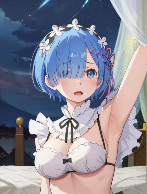 best quality, masterpiece, phRem, 1girl, blue hair, solo, maid, roswaal mansion, looking at viewer, open mouth, anime coloring, maid headdress, upper body, colorful, night, house, bed, armpits, bikini, breasts, belly, wet armpits, big breasts, low light