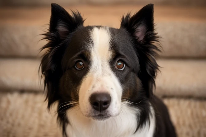 Arafed dog sitting on a rug and looking at the camera, Border collie, Border Collie dog on book cover, with cute doting eyes, stares at the camera, beautiful dog head, close-up portrait shot, intense stare, Gorgeous features, a handsome, it has a piercing ...